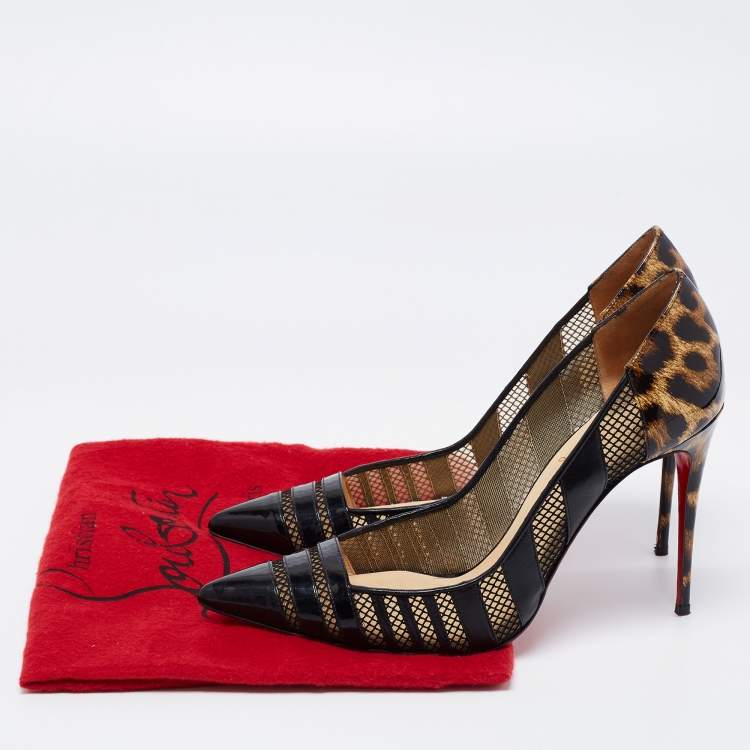 Pre Owned Christian Louboutin Black/Brown Mesh, Leather and Leopard Print Patent Bandy Pumps Size 40