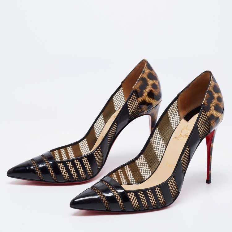Pre Owned Christian Louboutin Black/Brown Mesh, Leather and Leopard Print Patent Bandy Pumps Size 40