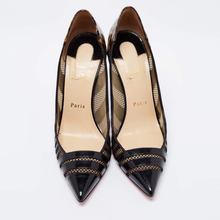 Pre Owned Christian Louboutin Black/Brown Mesh, Leather and Leopard Print Patent Bandy Pumps Size 40