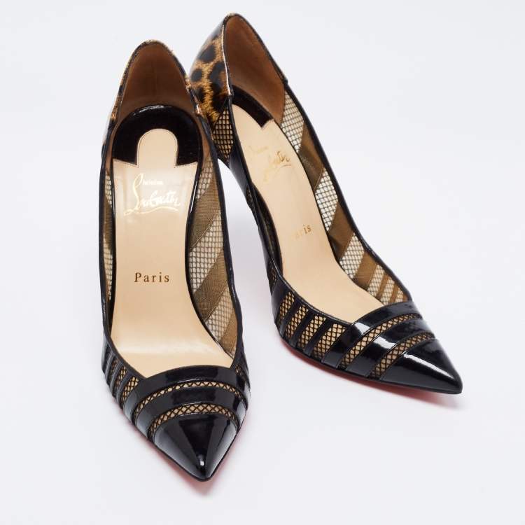 Pre Owned Christian Louboutin Black/Brown Mesh, Leather and Leopard Print Patent Bandy Pumps Size 40