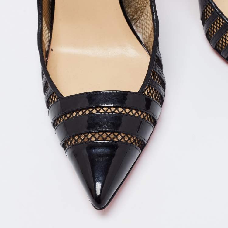 Pre Owned Christian Louboutin Black/Brown Mesh, Leather and Leopard Print Patent Bandy Pumps Size 40