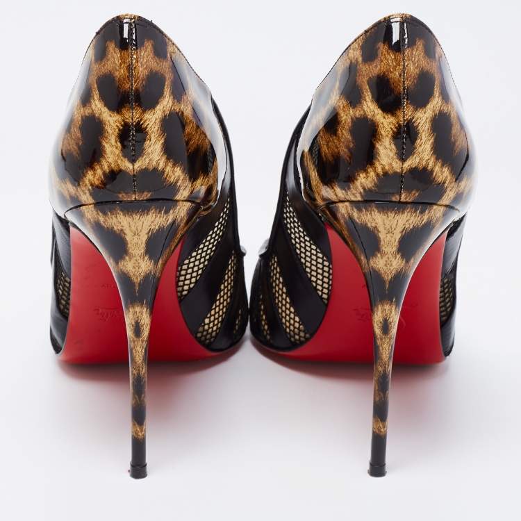 Pre Owned Christian Louboutin Black/Brown Mesh, Leather and Leopard Print Patent Bandy Pumps Size 40