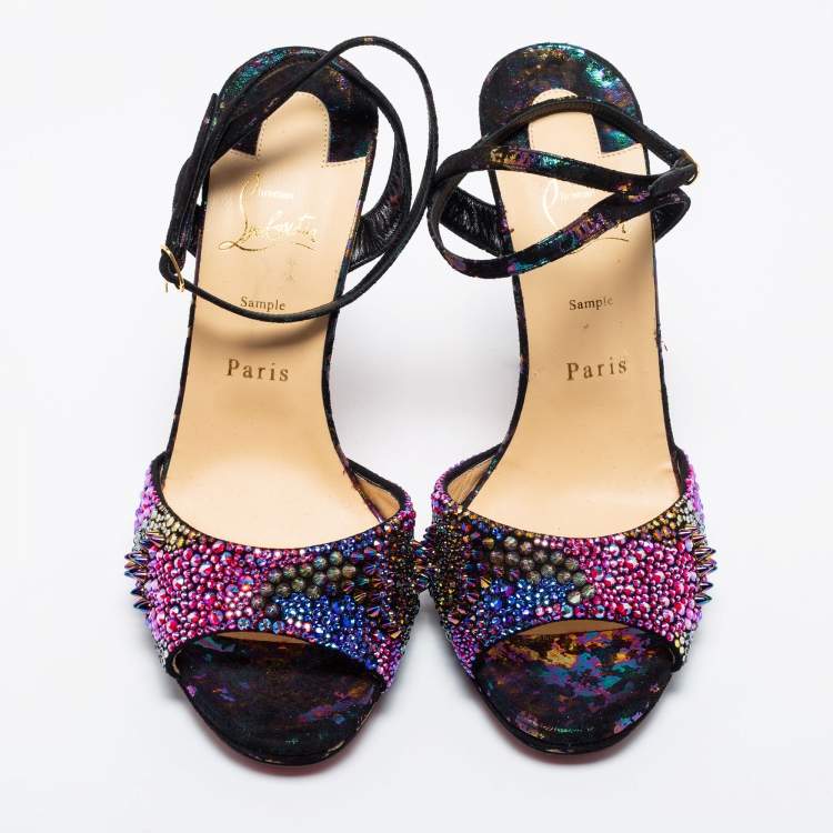 Pre Owned Christian Louboutin Loubiloo Multicolor Suede And Glitter Bling Bang Sandals Size 40