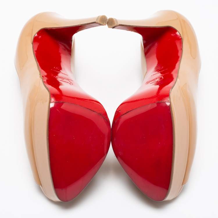 Pre Owned Christian Louboutin Beige Patent Leather Lady Peep Toe Platform Pumps Size 37