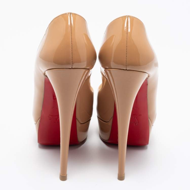 Pre Owned Christian Louboutin Beige Patent Leather Lady Peep Toe Platform Pumps Size 37