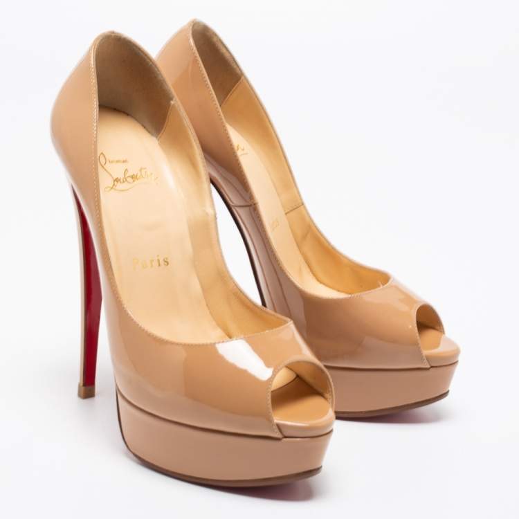 Pre Owned Christian Louboutin Beige Patent Leather Lady Peep Toe Platform Pumps Size 37