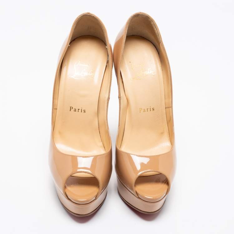 Pre Owned Christian Louboutin Beige Patent Leather Lady Peep Toe Platform Pumps Size 37