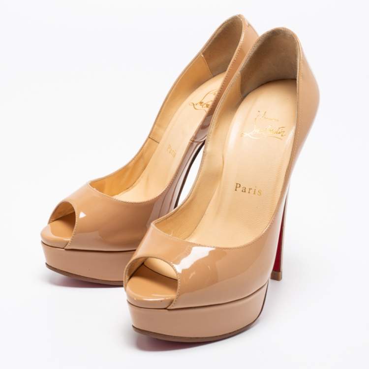 Pre Owned Christian Louboutin Beige Patent Leather Lady Peep Toe Platform Pumps Size 37