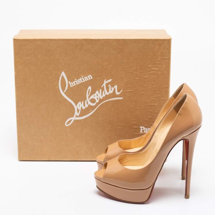 Pre Owned Christian Louboutin Beige Patent Leather Lady Peep Toe Platform Pumps Size 37