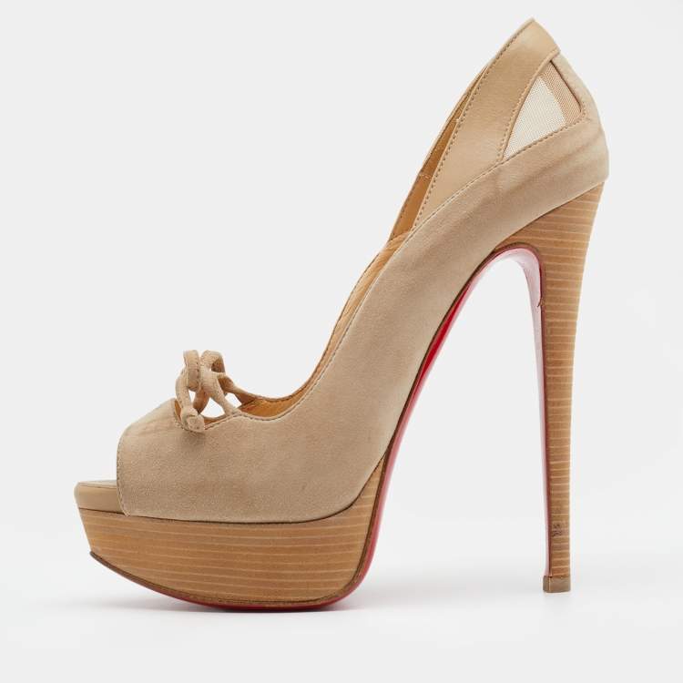 Pre Owned Christian Louboutin Beige Suede Mavela Bow Platform Pumps Size 36.5