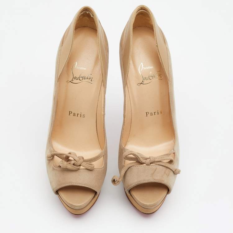 Pre Owned Christian Louboutin Beige Suede Mavela Bow Platform Pumps Size 36.5