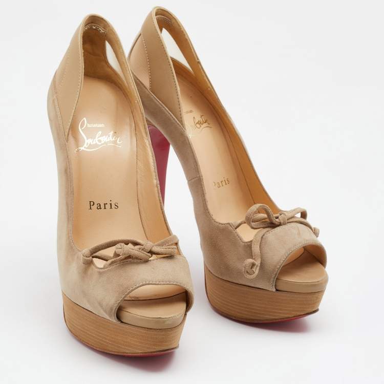 Pre Owned Christian Louboutin Beige Suede Mavela Bow Platform Pumps Size 36.5