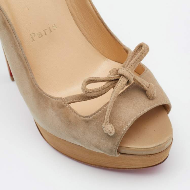 Pre Owned Christian Louboutin Beige Suede Mavela Bow Platform Pumps Size 36.5