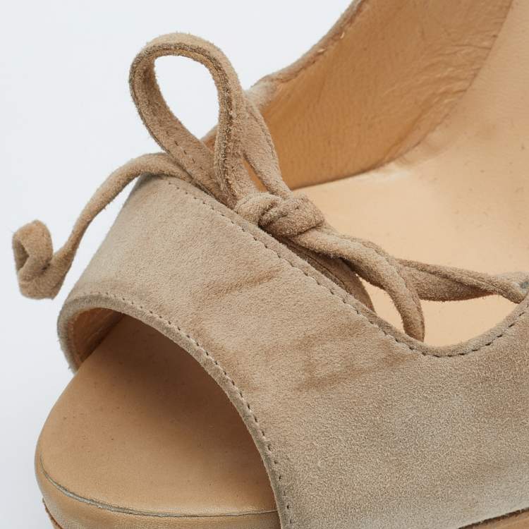 Pre Owned Christian Louboutin Beige Suede Mavela Bow Platform Pumps Size 36.5