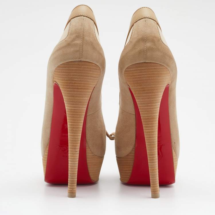 Pre Owned Christian Louboutin Beige Suede Mavela Bow Platform Pumps Size 36.5