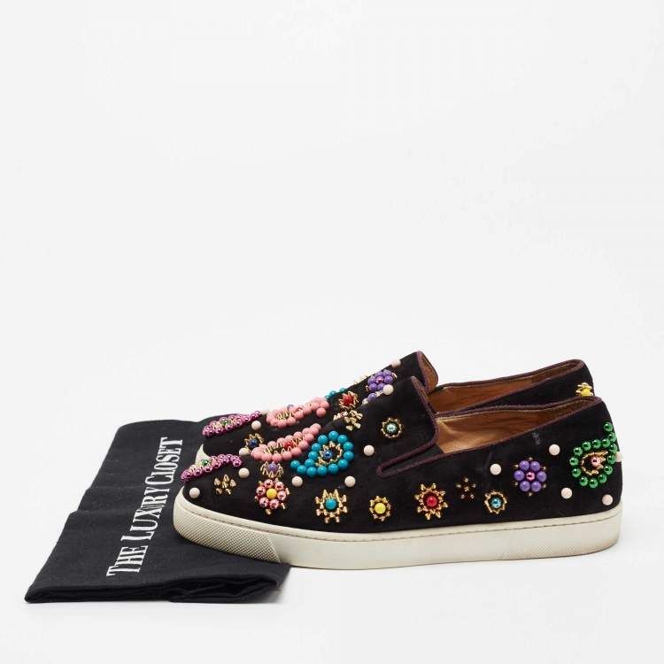 Pre Owned Christian Louboutin Black Embellished Suede Boat Candy Skate Slip On Sneakers Size 38