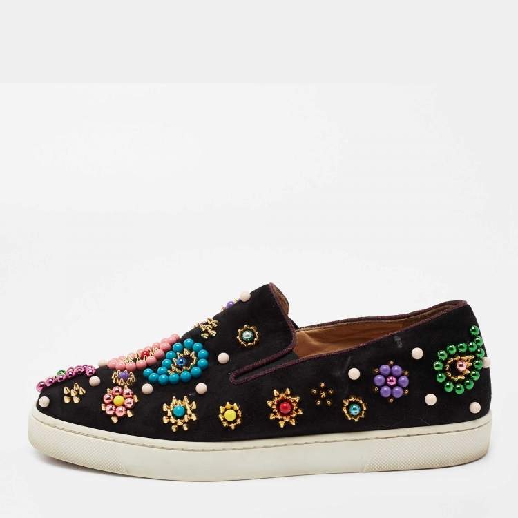 Pre Owned Christian Louboutin Black Embellished Suede Boat Candy Skate Slip On Sneakers Size 38