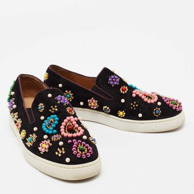 Pre Owned Christian Louboutin Black Embellished Suede Boat Candy Skate Slip On Sneakers Size 38