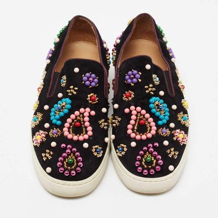 Pre Owned Christian Louboutin Black Embellished Suede Boat Candy Skate Slip On Sneakers Size 38