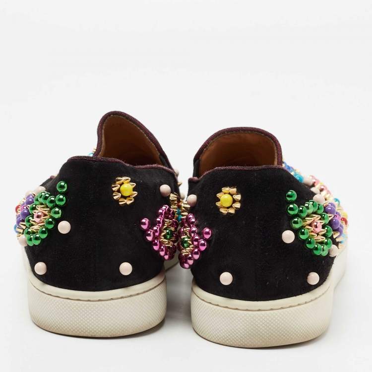 Pre Owned Christian Louboutin Black Embellished Suede Boat Candy Skate Slip On Sneakers Size 38