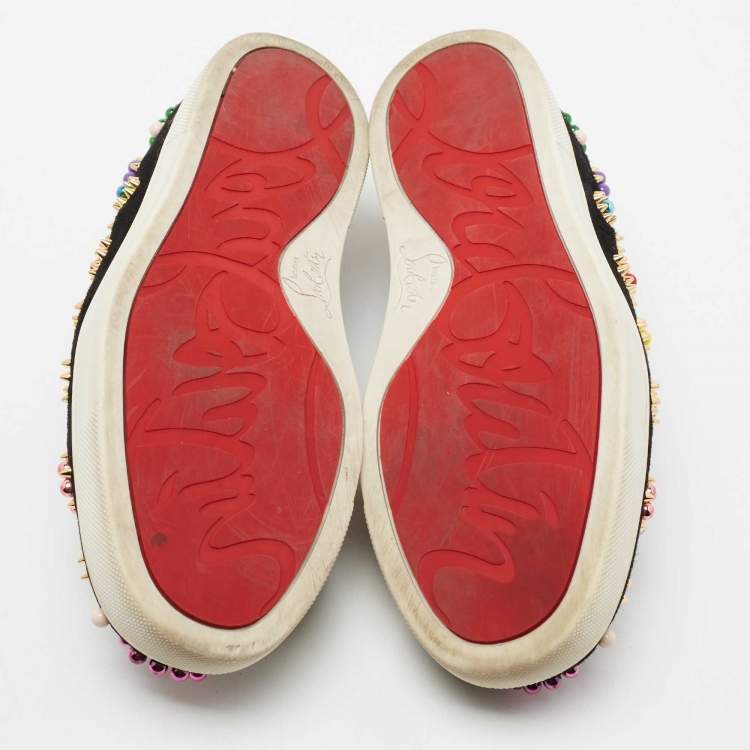 Pre Owned Christian Louboutin Black Embellished Suede Boat Candy Skate Slip On Sneakers Size 38