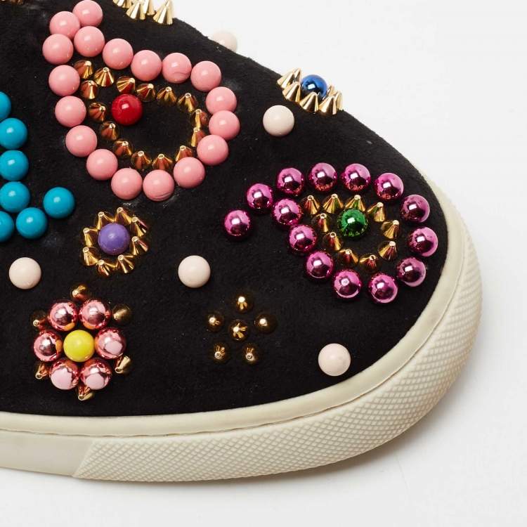 Pre Owned Christian Louboutin Black Embellished Suede Boat Candy Skate Slip On Sneakers Size 38