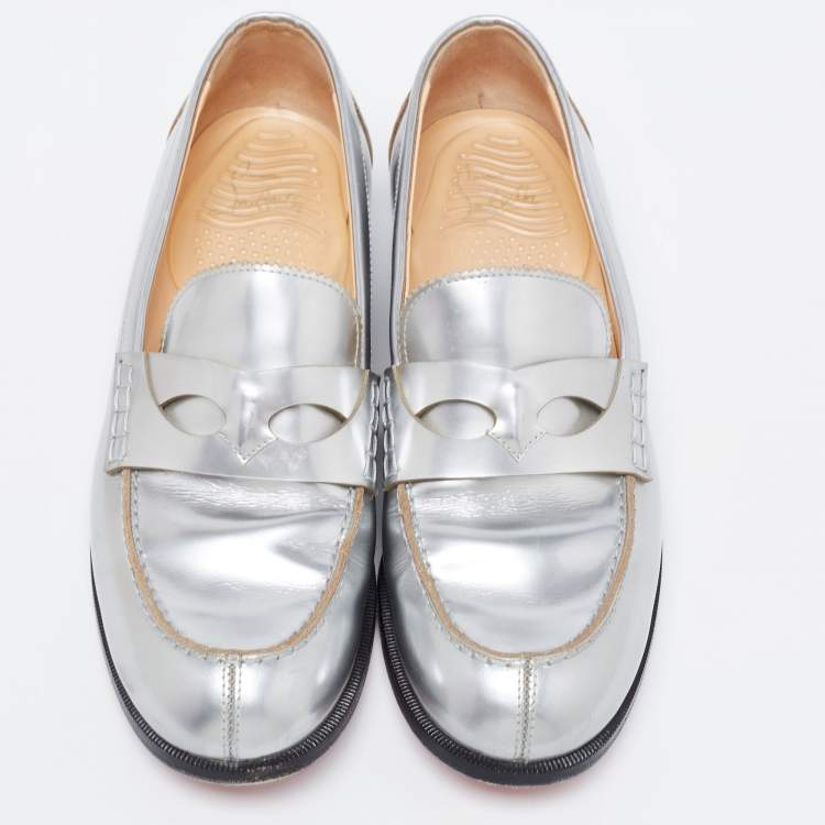 Pre Owned Christian Louboutin Silver Leather Penny Loafers Size 38.5