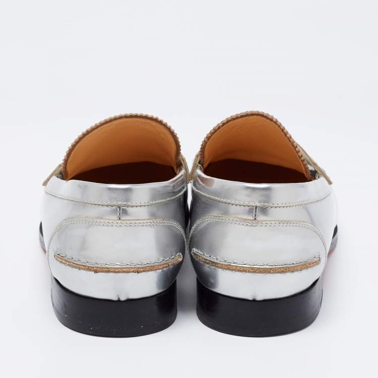 Pre Owned Christian Louboutin Silver Leather Penny Loafers Size 38.5