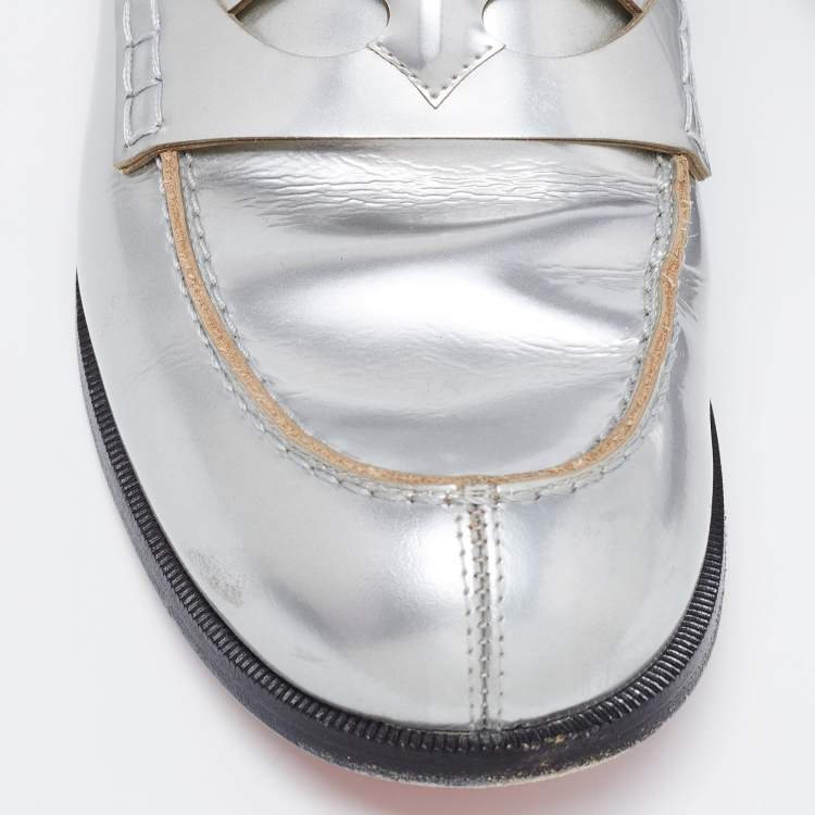 Pre Owned Christian Louboutin Silver Leather Penny Loafers Size 38.5