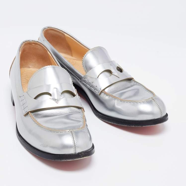 Pre Owned Christian Louboutin Silver Leather Penny Loafers Size 38.5