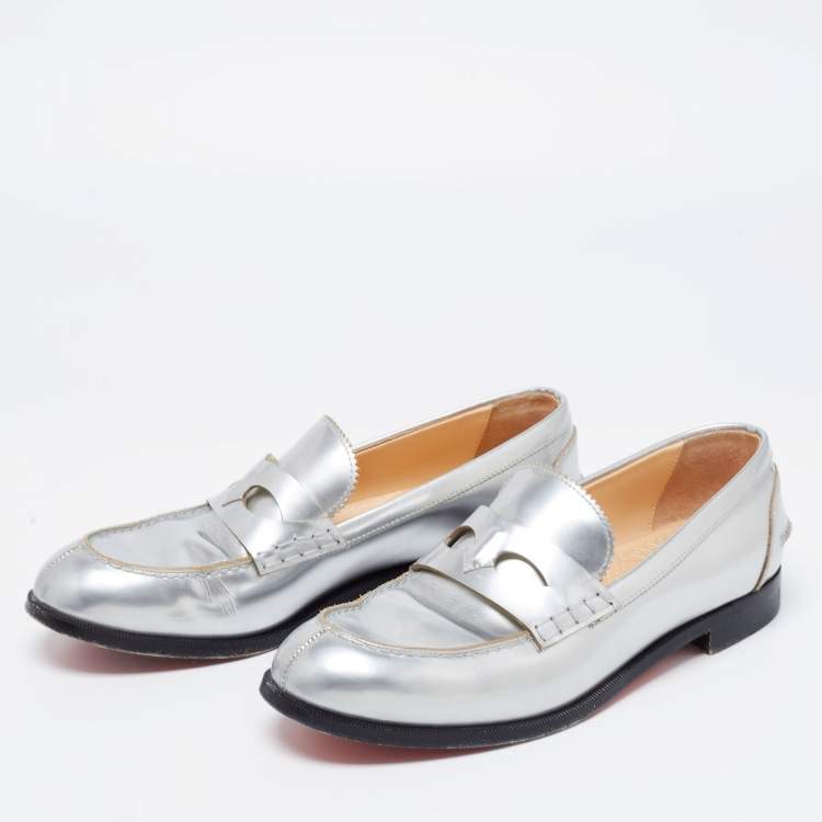 Pre Owned Christian Louboutin Silver Leather Penny Loafers Size 38.5