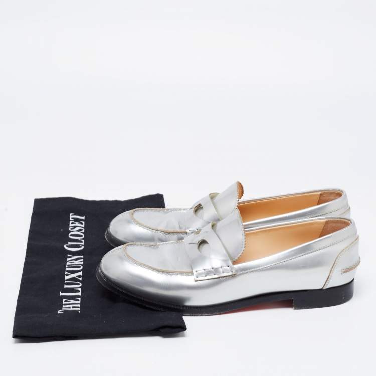 Pre Owned Christian Louboutin Silver Leather Penny Loafers Size 38.5
