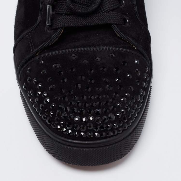 Pre Owned Christian Louboutin Black Suede Louis Junior Degra Crystal Low Top Sneakers Size 38.5