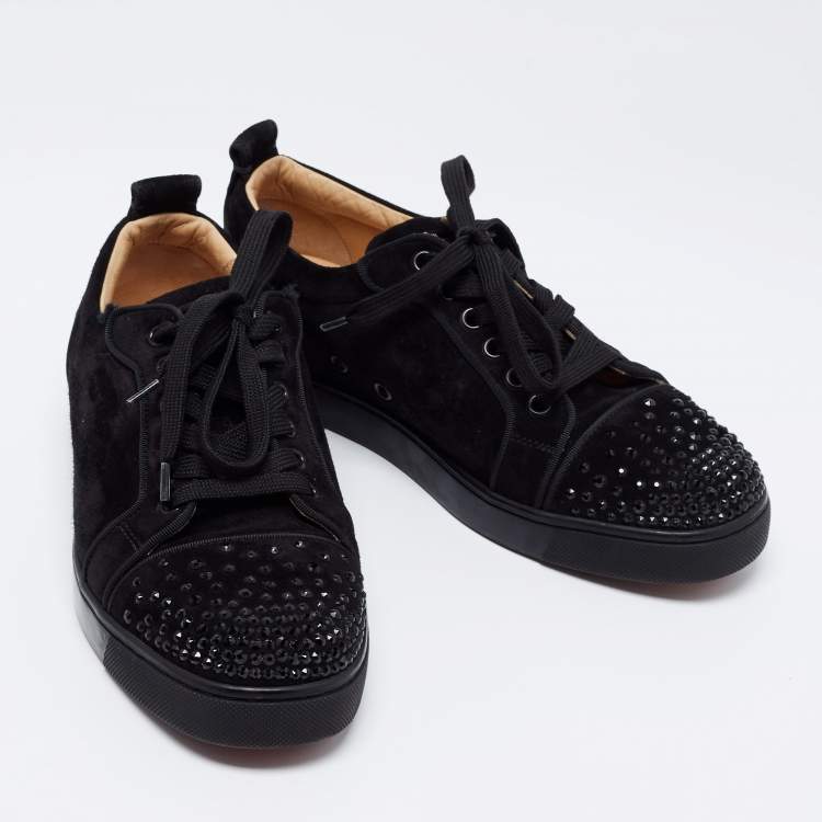 Pre Owned Christian Louboutin Black Suede Louis Junior Degra Crystal Low Top Sneakers Size 38.5