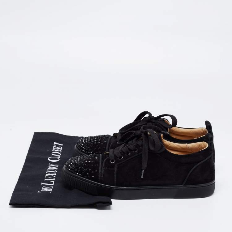 Pre Owned Christian Louboutin Black Suede Louis Junior Degra Crystal Low Top Sneakers Size 38.5