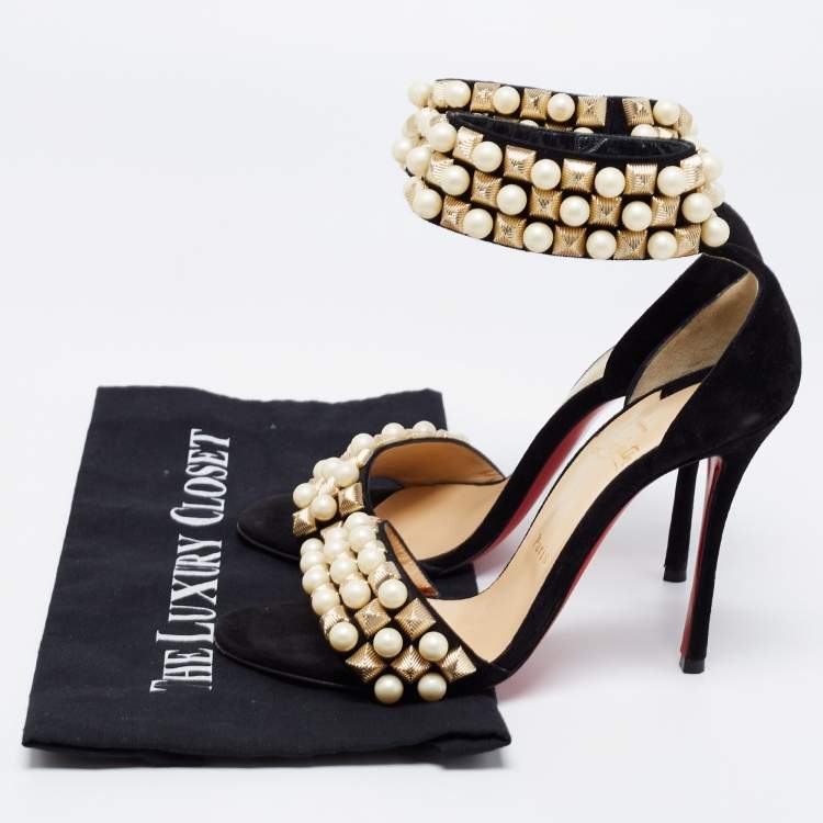 Pre Owned Christian Louboutin Black Suede Tudor Bal Embellished Ankle Strap Sandals Size 38