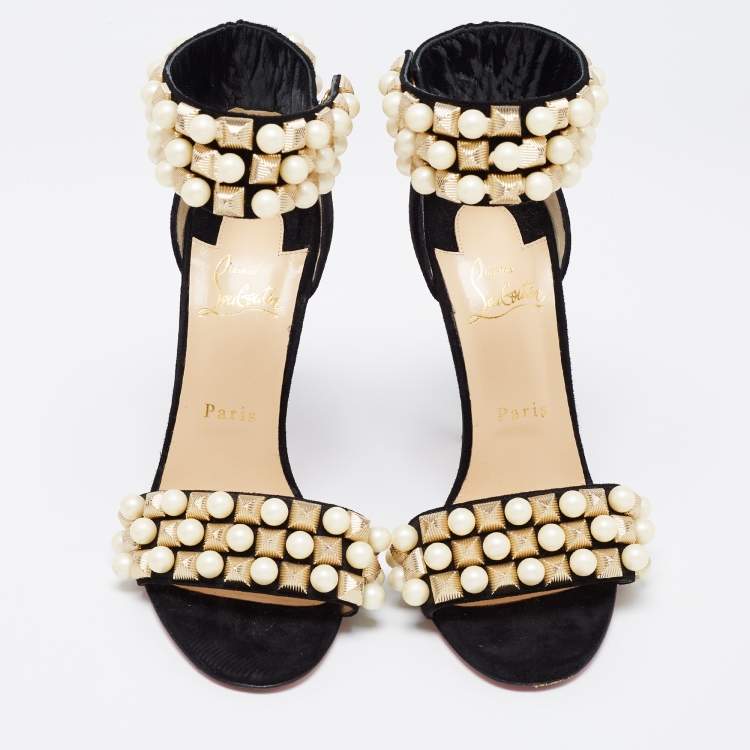 Pre Owned Christian Louboutin Black Suede Tudor Bal Embellished Ankle Strap Sandals Size 38