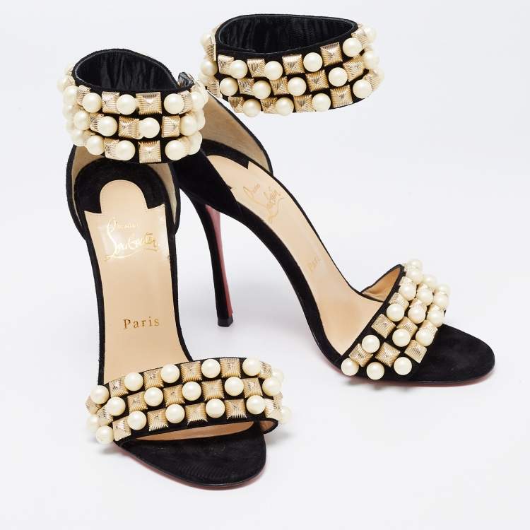 Pre Owned Christian Louboutin Black Suede Tudor Bal Embellished Ankle Strap Sandals Size 38