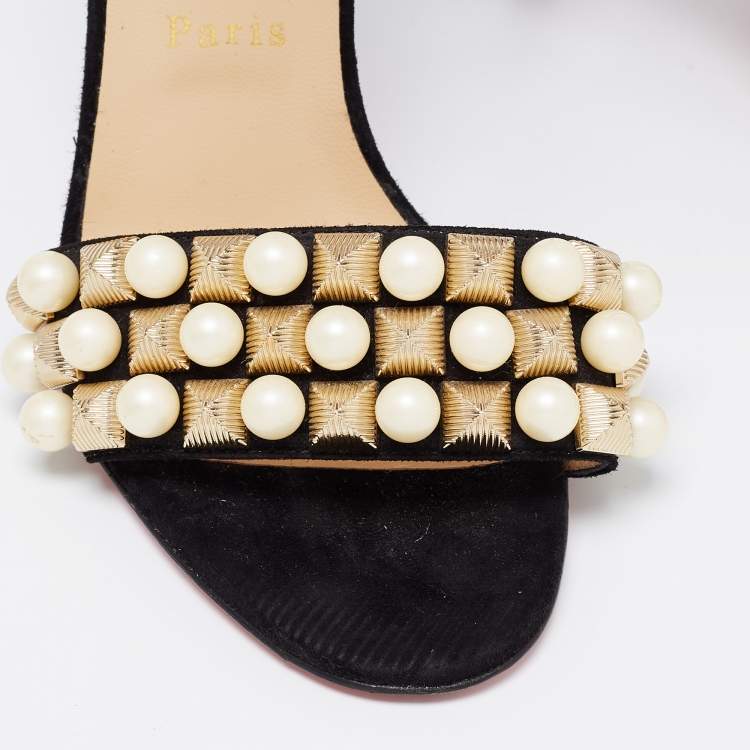 Pre Owned Christian Louboutin Black Suede Tudor Bal Embellished Ankle Strap Sandals Size 38