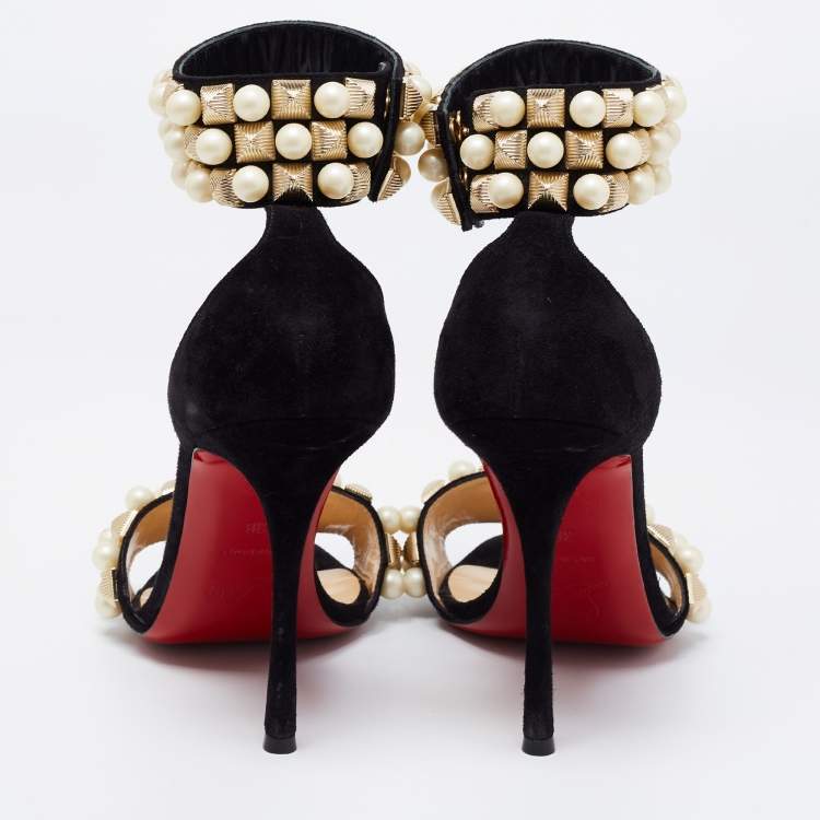 Pre Owned Christian Louboutin Black Suede Tudor Bal Embellished Ankle Strap Sandals Size 38