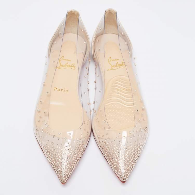 Pre Owned Christian Louboutin Cream PVC and Leather Degrastrass Pointed-Toe Ballet Flats Size 38.5