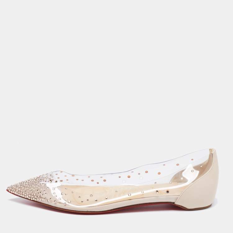 Pre Owned Christian Louboutin Cream PVC and Leather Degrastrass Pointed-Toe Ballet Flats Size 38.5