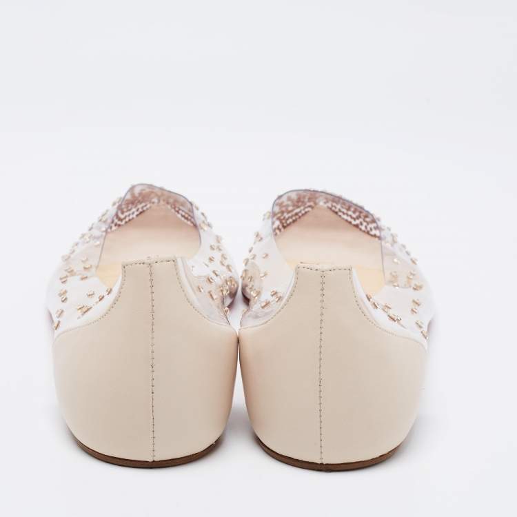 Pre Owned Christian Louboutin Cream PVC and Leather Degrastrass Pointed-Toe Ballet Flats Size 38.5