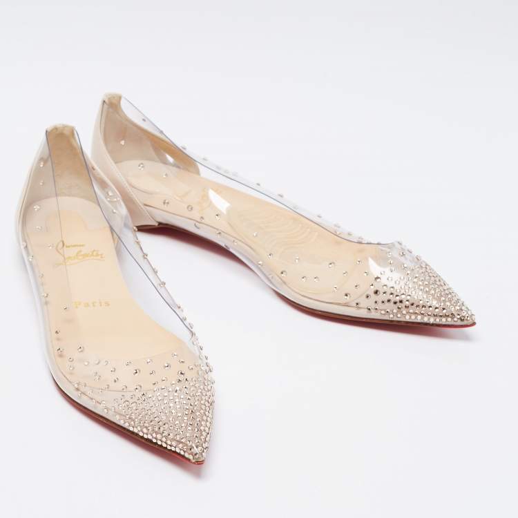 Pre Owned Christian Louboutin Cream PVC and Leather Degrastrass Pointed-Toe Ballet Flats Size 38.5