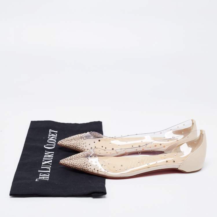 Pre Owned Christian Louboutin Cream PVC and Leather Degrastrass Pointed-Toe Ballet Flats Size 38.5