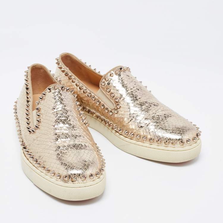 Pre Owned Christian Louboutin Gold Python Embossed Leather Pik Boat  Slip On Sneakers Size 39