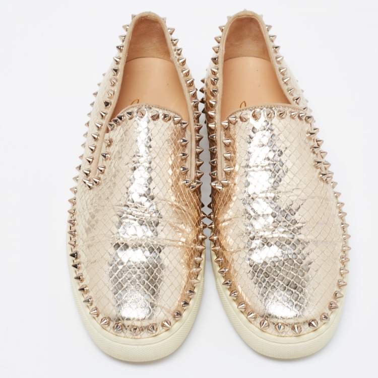 Pre Owned Christian Louboutin Gold Python Embossed Leather Pik Boat  Slip On Sneakers Size 39