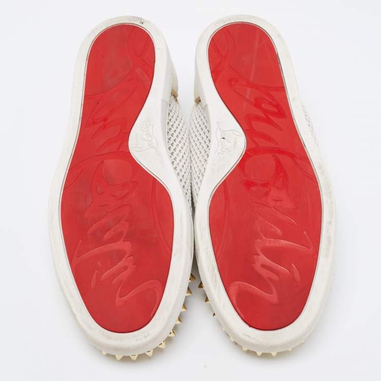 Pre Owned Christian Louboutin White Leather And Mesh Louis Junior Spikes Low-Top Sneakers Size 39