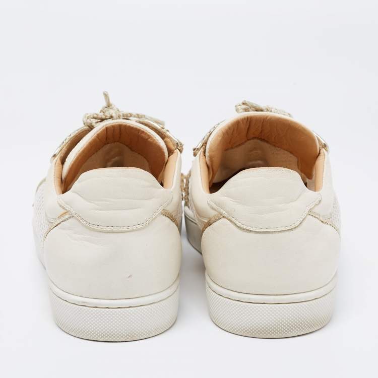 Pre Owned Christian Louboutin White Leather And Mesh Louis Junior Spikes Low-Top Sneakers Size 39