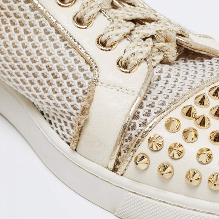 Pre Owned Christian Louboutin White Leather And Mesh Louis Junior Spikes Low-Top Sneakers Size 39